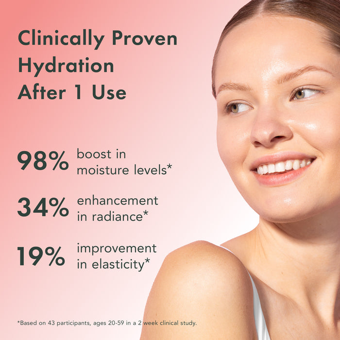 Woman with moisturized skin on a pink background with hydration benefits text.