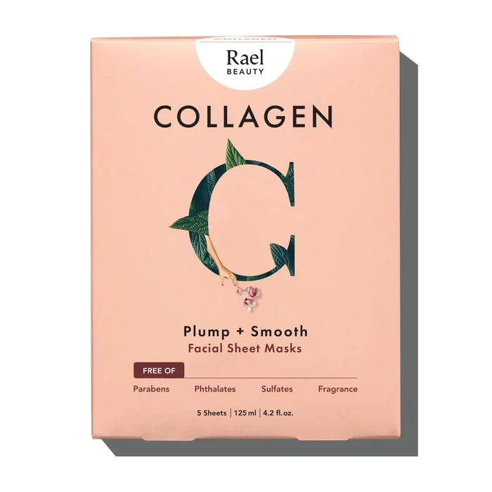 A box of Rael Collagen facial sheet masks with the text 'Plump + Smooth' on it, indicating the skin benefit. The box is pink with green leaves and a white flower illustrations, and it mentions that there are 5 sheet masks included.