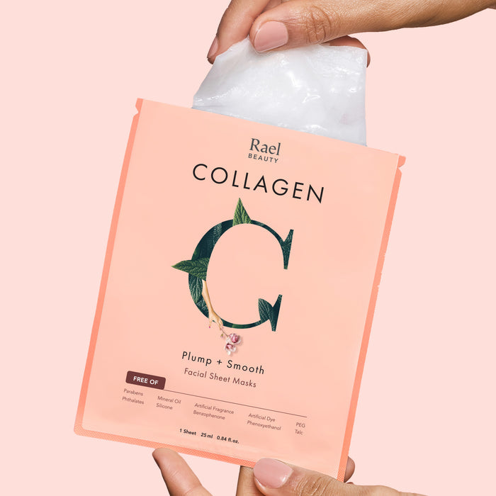 Model removing a Rael Collagen facial sheet masks  from individually wrapped package.
