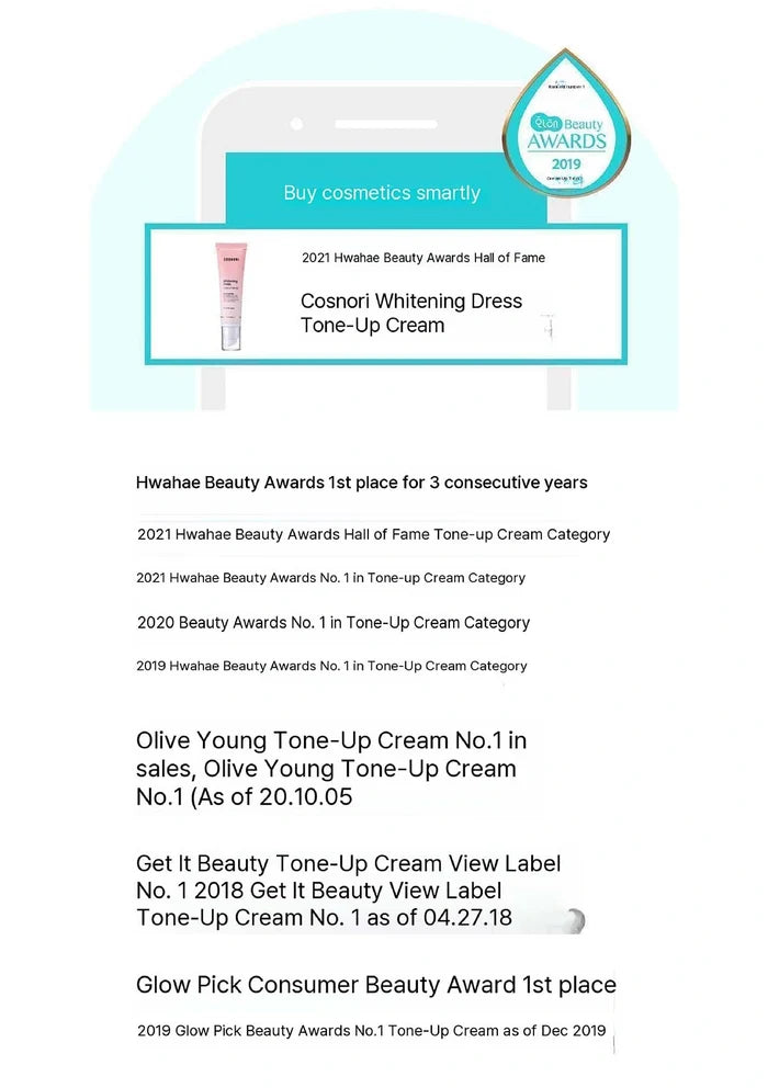 Cosnori Whitening Dress Tone-Up Cream with awards and product details on a white background