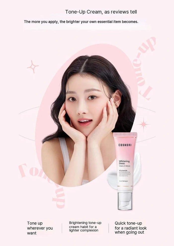 Woman applying cream with Cosrx tone-up cream tube on a pink background
