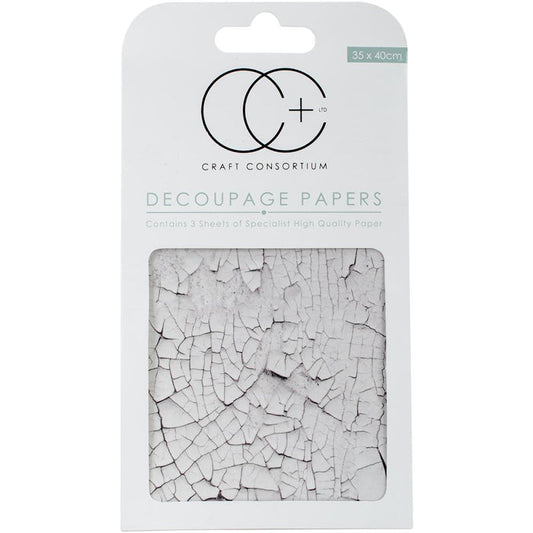 Craft Consortium - Decoupage Papers - 13.75"X15.75" - 3/Pkg - White Crack Texture. Craft Consortium-Decoupage Papers: White Crack Texture. Ideal for covering a variety of surfaces and objects including wood, ceramics, plastic, glass, terracotta, MDF, canvases, paper mache shapes and more! This package contains three 13-3/4x15-3/4 inch sheets of decoupage paper in one design. Imported. Available at Embellish Away located in Bowmanville Ontario Canada.