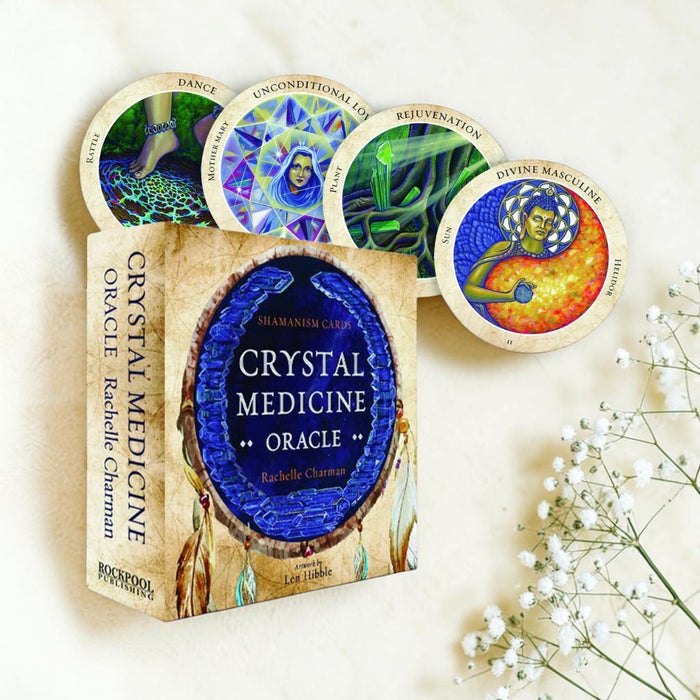 Crystal Medicine Oracle cards with colorful illustrations on a white background