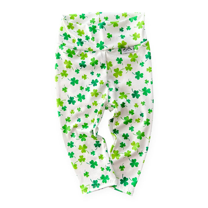 Shamrock print leggings for kids, designed for comfort and style. Handmade with love, perfect for St. Patrick's Day or year-round fun.