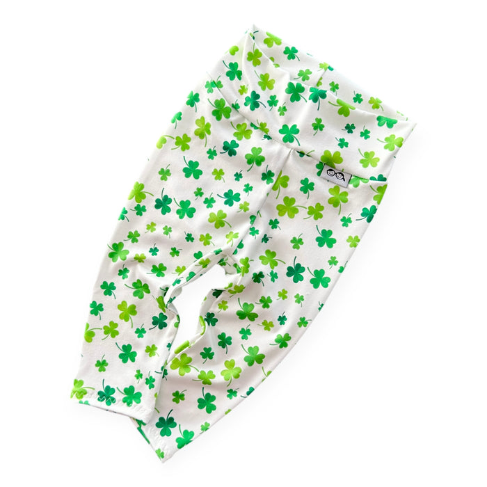 Shamrock print leggings for kids, designed for comfort and style. Handmade with love, perfect for St. Patrick's Day or year-round fun.