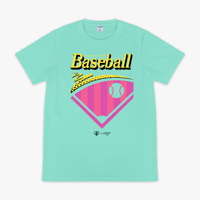 Teal t-shirt with 'Baseball' graphic design 'Baseball Farmingdale, New York' text on a white background