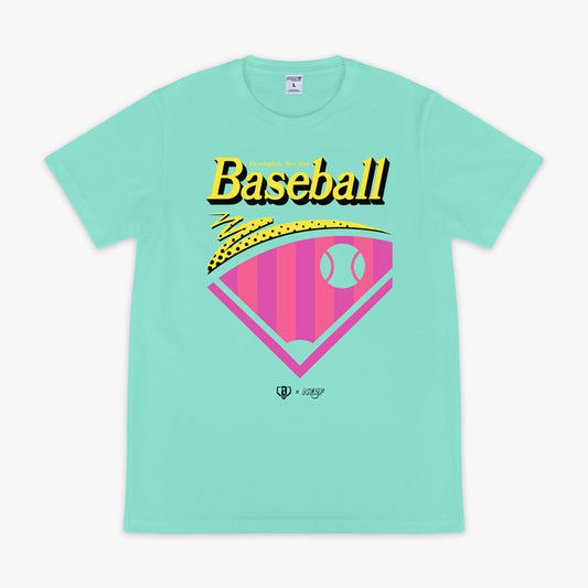 Teal t-shirt with 'Baseball' graphic design 'Baseball Farmingdale, New York' text on a white background