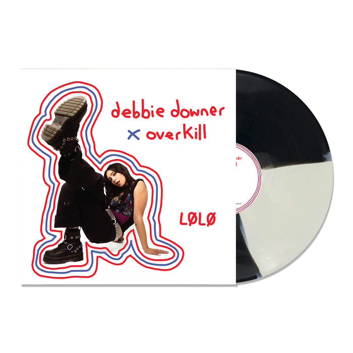 Limited edition L0L0 vinyl record partially out of its sleeve, featuring a woman in chunky black boots and “debbie downer x overkill” with “LOLO” in red and blue outlined text on a white background.