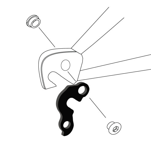 Hanger #24 attaches to the rear dropout from the outside or derailleur side using one M8 chainring bolt.
