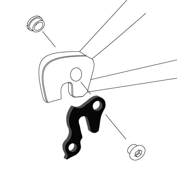 Hanger #26 attaches to the rear dropout from the outside or derailleur side using one M8 chainring bolt.