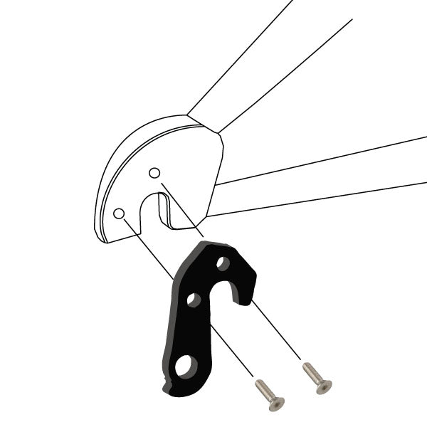 Hanger #32 attaches to the frame's rear dropout from the outside, or derailleur side using two M5x8 screws.