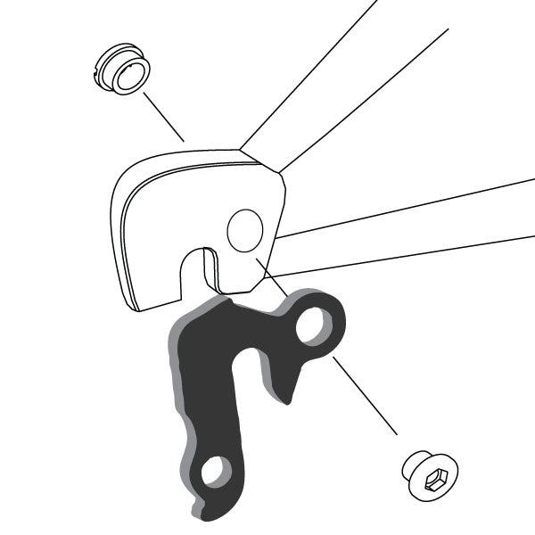 Hanger #46 attaches to the rear dropout from the outside or derailleur side using one M8 chainring bolt.