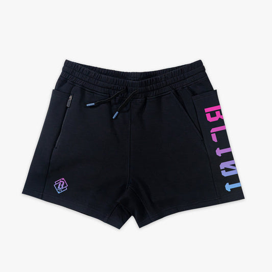 Black shorts with colorful BL101 logo on a white background