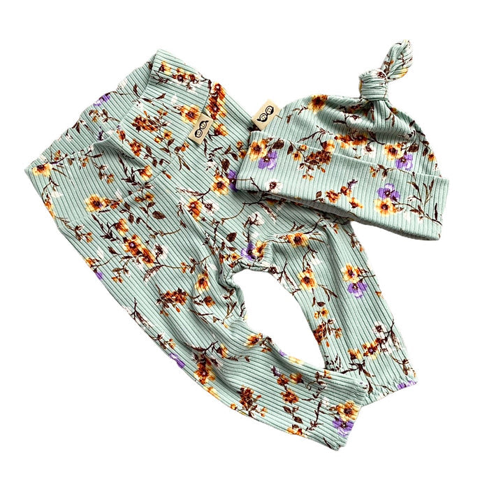 Dried Floral on Sage Ribbed Leggings and/or Knot Beanie Hat