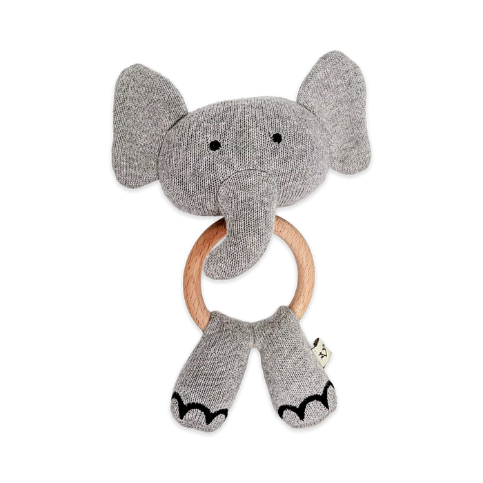 Elephant - Organic Stuffed Animal Baby Ring Rattle (Grey Heather)
