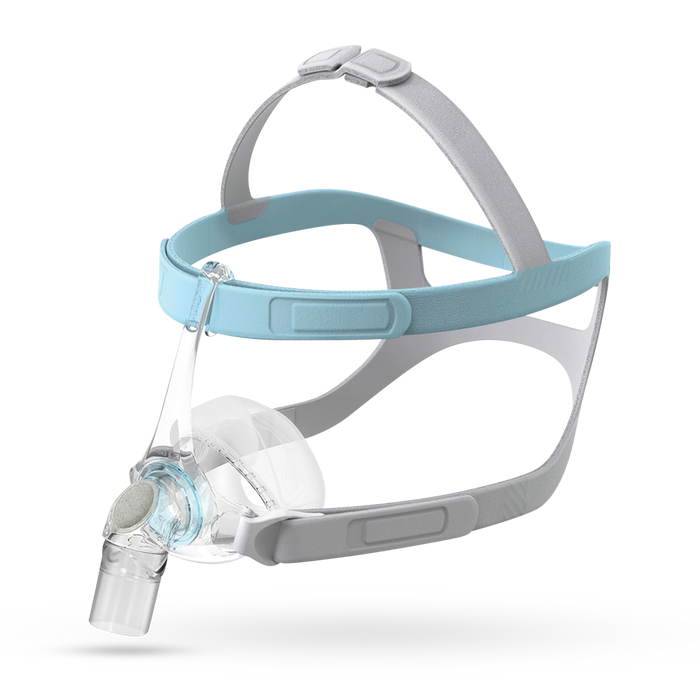 Fisher & Paykel Eson 2 Nasal CPAP Mask with light blue headgear and clear nasal pillows.
