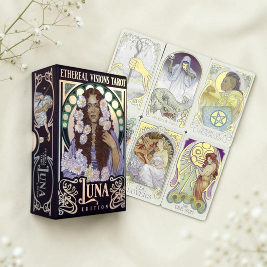 Ethereal Visions Tarot cards with Luna Edition box on a light background