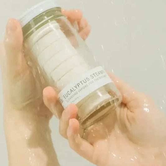 Eucalyptus Steam scented wax jar, clear glass with white lid and printed label