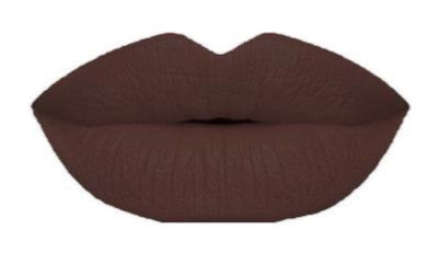 Expresso lipstick swatch on full lips — warm brown matte finish