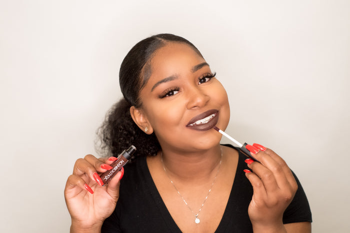 Close-up of Expresso lip color on model — perfectly pigmented brown shade