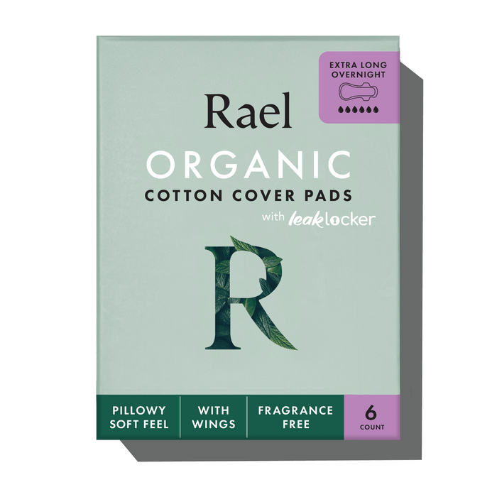 A box of Rael Organic Cotton Cover Pads with leaklocker, featuring a sage green packaging design with purple and dark green accents, shown on a white background with a soft shadow.