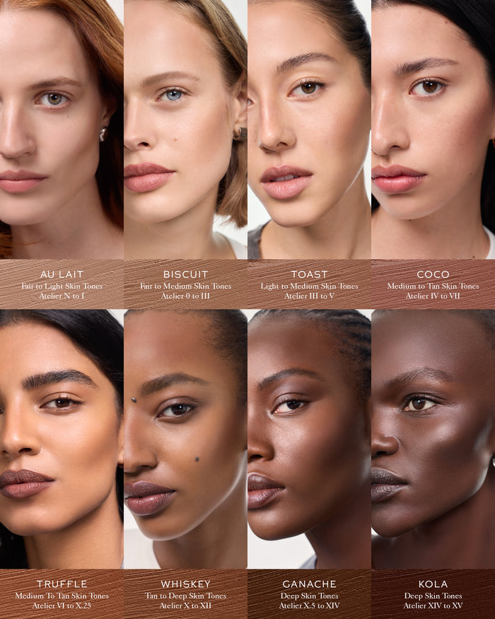 Collage of eight women with different skin tones and color swatches below each.