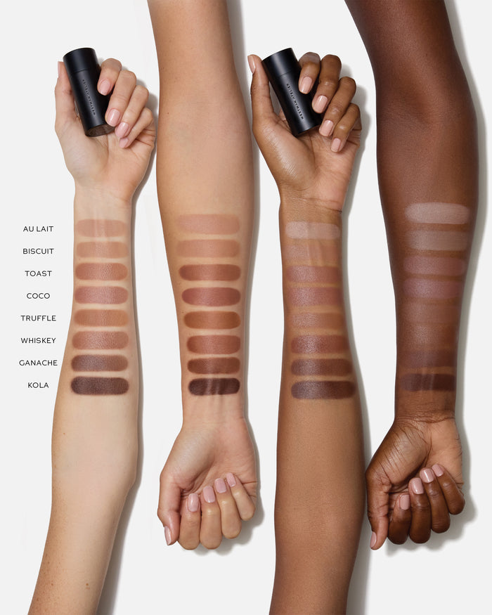 Swatches of Face Trace contour on different skin tones with color names listed.