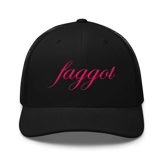 pink script faggot black trucker snapback