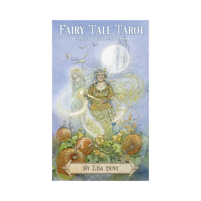 Fairy Tale Tarot book cover with two fairies and pumpkins on a blue background