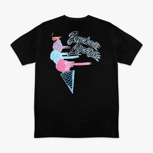 Adult model wearing black Fastball Scoops graphic tee