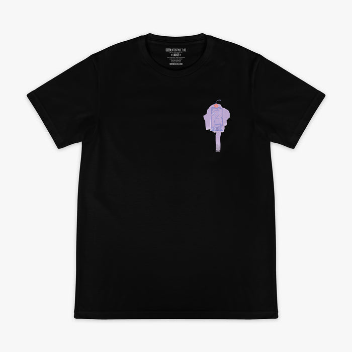 Adult model wearing black Fastball Scoops graphic tee