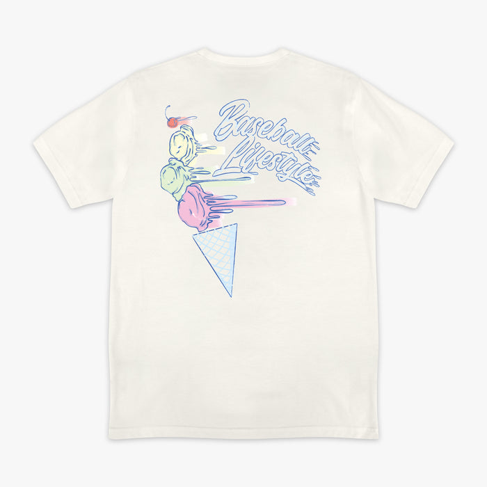 Adult model wearing cream Fastball Scoops graphic tee