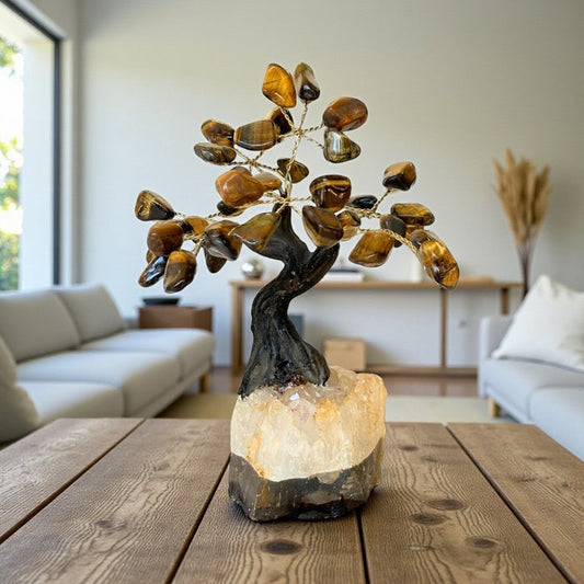 Decorative Tiger's Eye  tree on a wooden table in a living room setting
