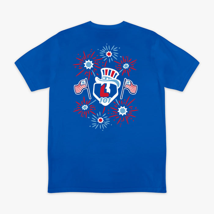 4th of July baseball tee with red, white, and blue fireworks USA