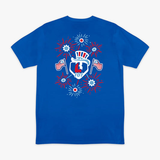 4th of July baseball tee with red, white, and blue fireworks USA