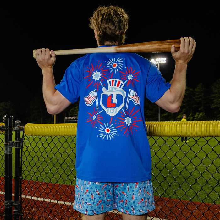 Blue Baseball Lifestyle 101 4th of July tee fireworks and American flag graphic shirt