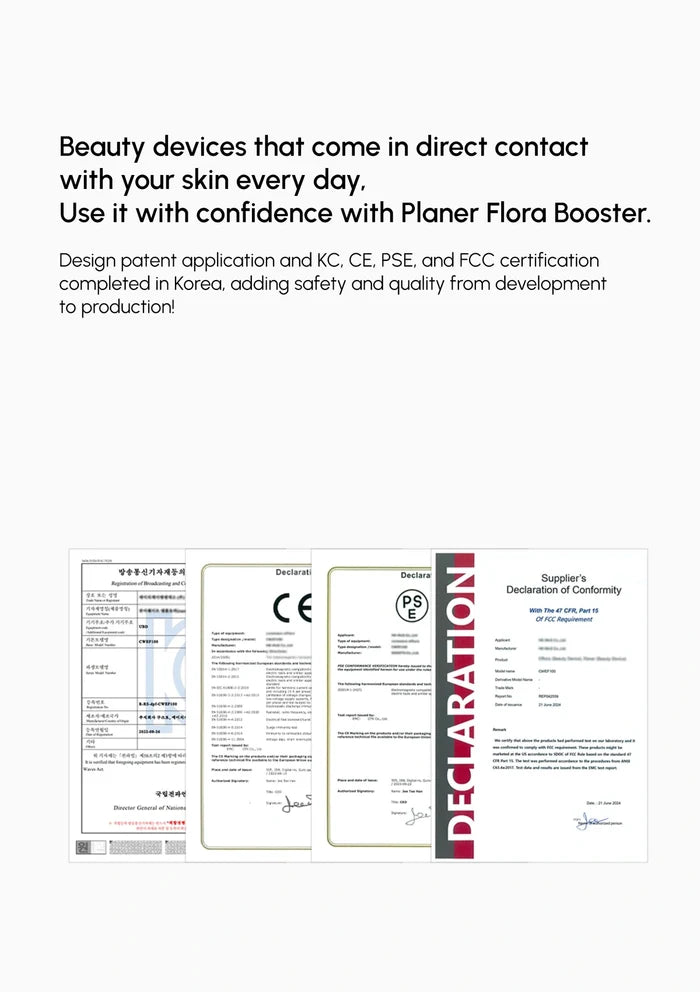 Certification documents for Planer Flora Booster on a white background