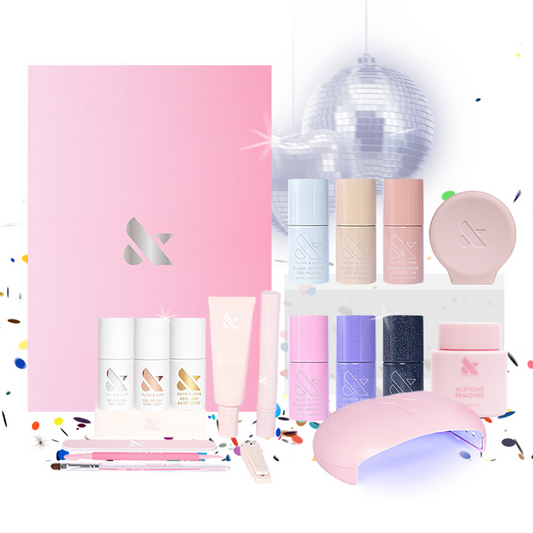 Flash Glitter System gel polish kit with LED lamp, remover, cuticle oil, and manicure tools for at-home gel nails