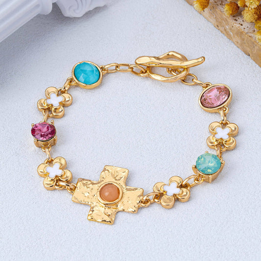 Floral Cross & Gemstone Charm Bracelet GOLD