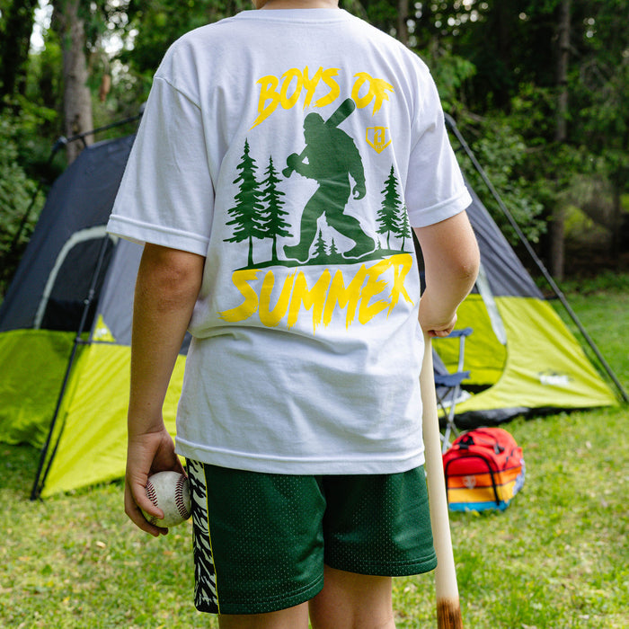 baseball Bigfoot graphic Forest Youth Shorts campsite tent outfit