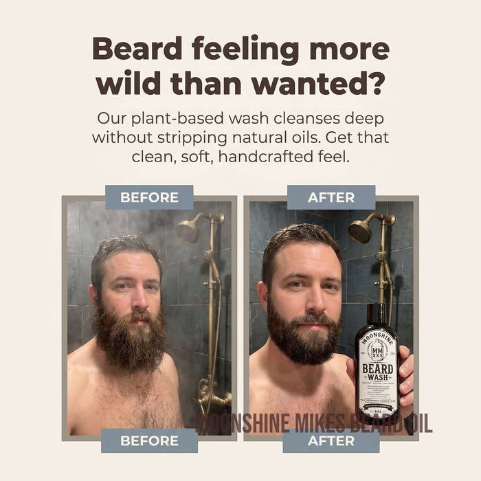 Fort Denaud Beard and Skin Moonshine Mike’s Beard Wash before and after results showing a cleaner, softer beard