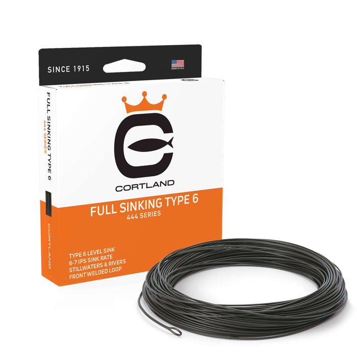 Full Sinking Type 6 Fly Line Box and Coil. The coil is black. The box is white, orange, and black. The Cortland logo is in the center of the box.