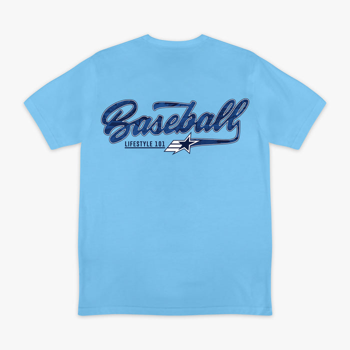 Light blue short sleeve tee with large Baseball script in navy with Lifestyle 101 and shooting star swoosh graphic on white background