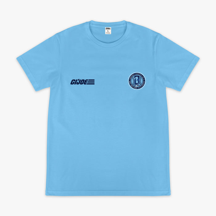 Light blue short sleeve tee with GI Joe logo on left chest and circular Baseball Lifestyle 101 badge on right chest on white background