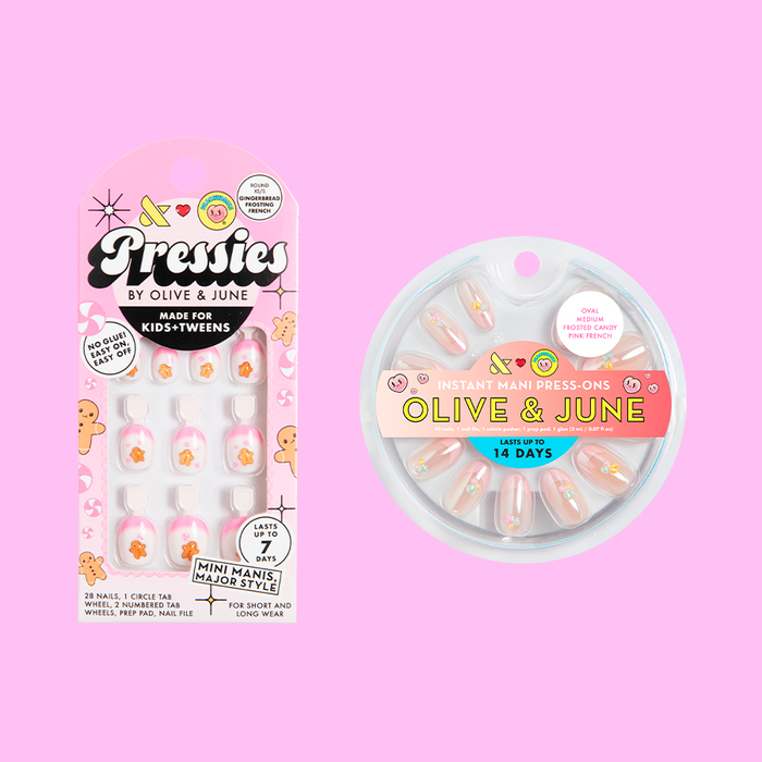 Gingerbread Set with kids and adult press-on nails featuring festive gingerbread and candy designs for at-home mani