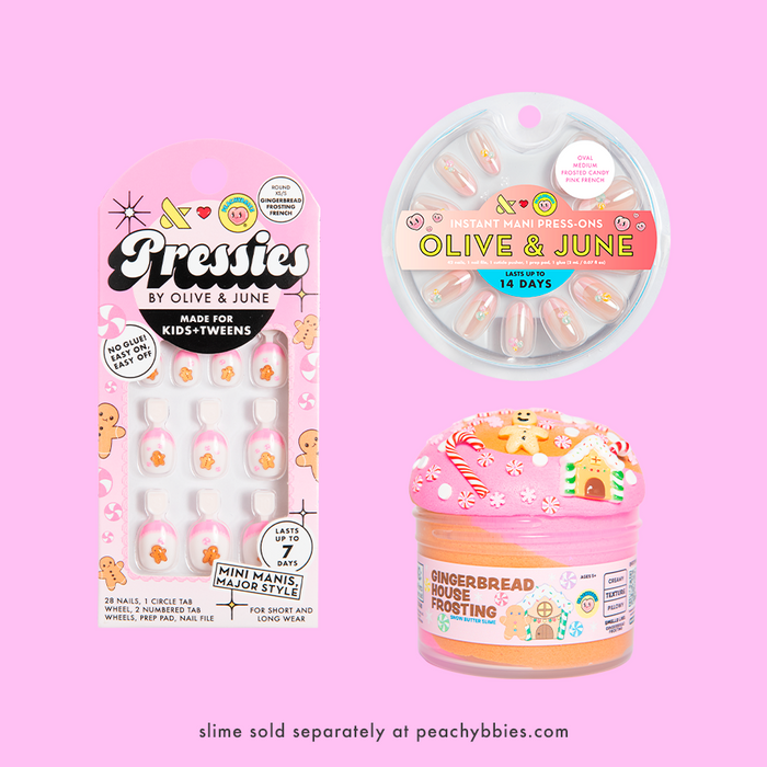 Gingerbread Set showing kids and adult press-on nails with festive gingerbread designs and matching frosting slime jar