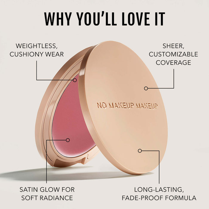 No Makeup Makeup – Compact makeup product with open lid showing pink blush, labeled features, natural minimal makeup