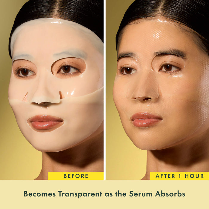 Before and after effect of a facial serum application on a person's face.