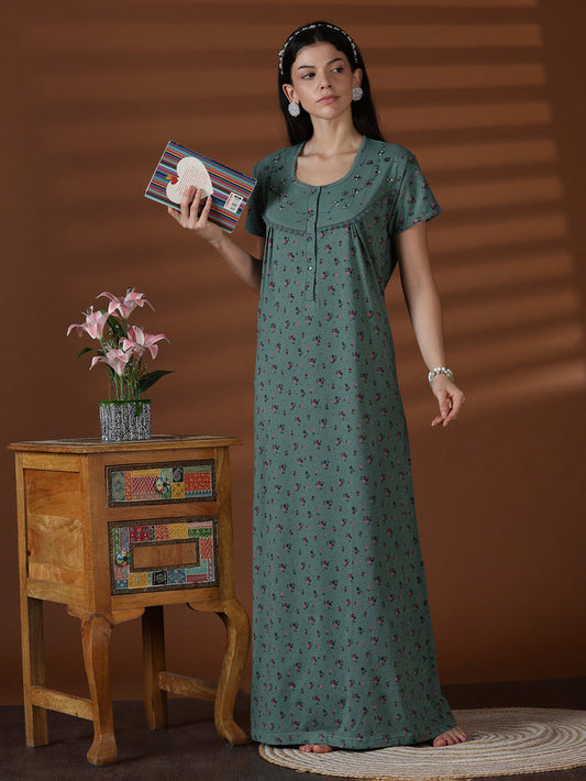 Green cotton blend premium front open nighty for women