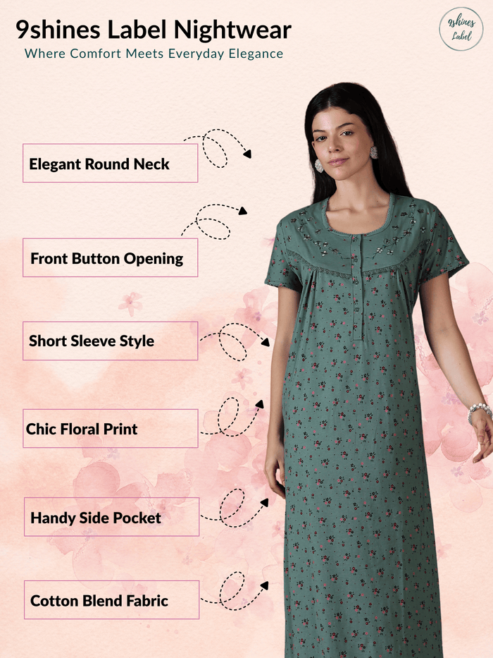 Green Floral Cotton Blend Soft Relaxed Fit Nightwear For Women